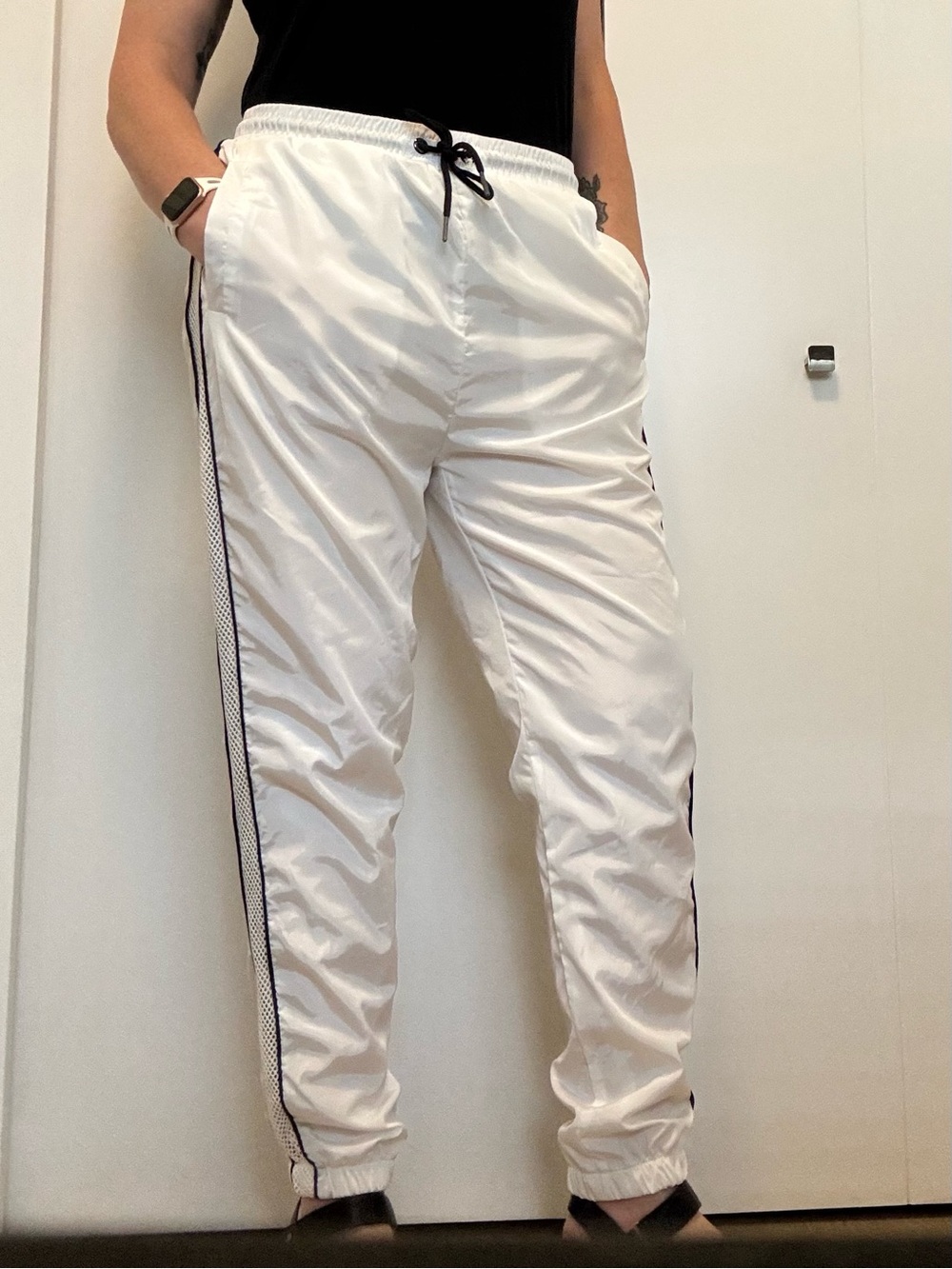 Revamped White Track Pants with Black Side Stripe and Drawstring Size XL